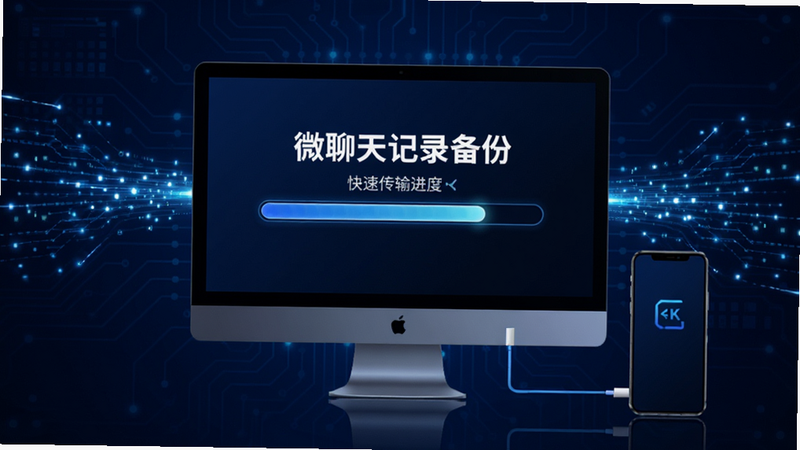 主体为电脑屏幕与手机连接示意图,屏幕上显示“微聊天记录备份”的快速传输进度条,背景为深蓝色科技背景,布局对称,排版现代,风格赛博朋克风,细节展示数据流光线,画质8K,干净,无多余元素