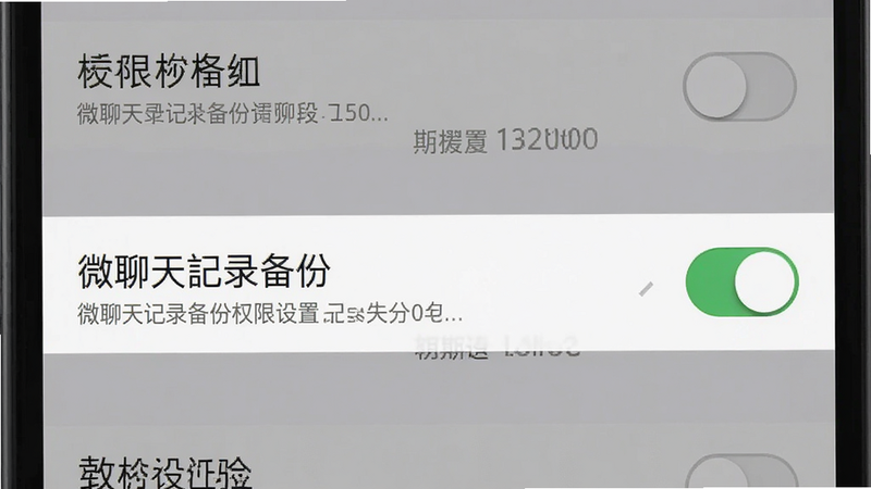 主体为手机设置界面,高亮显示“微聊天记录备份”的权限设置选项,背景为灰色,布局纵向列表,排版清晰,风格系统原生UI,细节展示开关状态,画质高清,干净,无多余元素