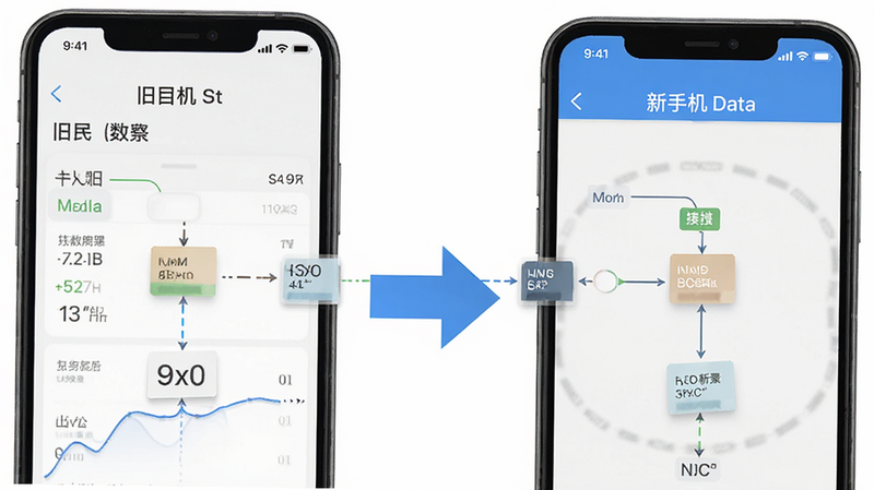 主体为两台手机并排,左侧显示旧手机数据,右侧显示新手机接收数据,中间有箭头连接,背景为白色,布局对称,排版简洁,风格流程示意图,细节展示数据包传输,画质高清,干净,无多余元素