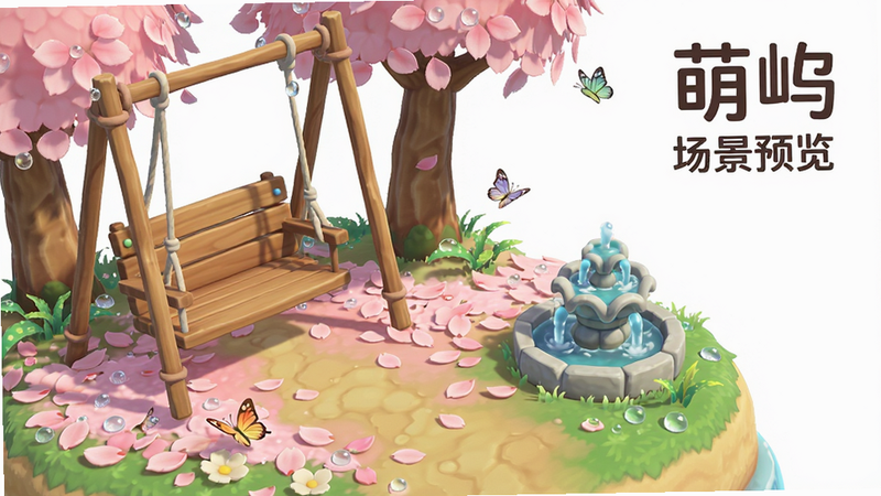 主体是游戏内的风景全景,展示了一个被粉色花瓣覆盖的岛屿角落,有一座木质秋千和一个小喷泉,布局采用三分法构图,排版留白舒适,风格为清新唯美插画风,细节处有露珠和蝴蝶飞舞,画质超清,干净背景,无水印,图片中文字显示