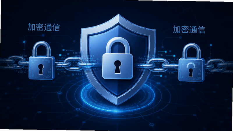 主体为盒子IM安全锁图标与加密传输示意图,布局为中心对称,排版突出盾牌与锁链元素,风格为科技感蓝色调,细节展示数据流动与加密过程,画质精细,干净,无多余元素,文字包含
