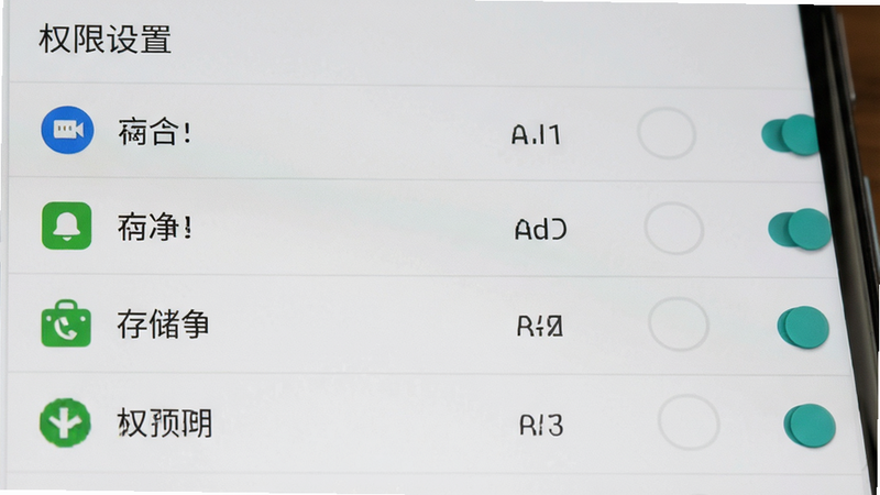 主体为手机设置界面与权限管理选项,布局为列表式排列,排版清晰展示权限开关状态,风格为安卓原生设计,细节展示通知、存储等权限图标,画质清晰,干净,无多余元素,文字包含