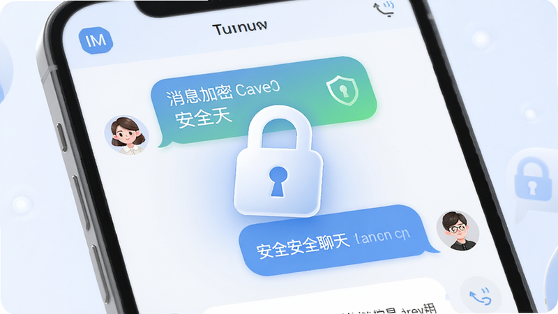 主体为盒子IM聊天界面与加密标识,布局为对话气泡与锁形图标组合,排版突出安全元素,风格为柔和蓝白配色,细节展示消息加密状态与用户头像,画质高清,干净,无多余元素,文字包含