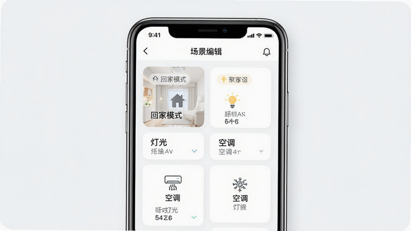 智能场景自动化设置的界面示意图,主体为手机APP内的场景编辑页面,布局为卡片式设计,排版清晰,风格为UI设计展示,细节显示“回家模式”、“灯光”、“空调”等标签,画质清晰,干净,无多余元素
