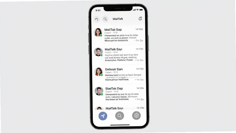 MailTalk应用主界面全景图,手机竖屏显示,背景为浅灰色极简风格,顶部显示时间栏与状态栏,中间区域为邮件列表,每行包含发件人头像、主题标题、摘要内容及时间戳,底部有发送、搜索、设置三个圆形图标按钮,整体布局整洁,UI元素清晰,无多余装饰,高清渲染,干净利落