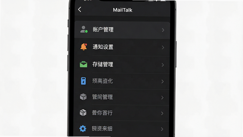 MailTalk设置界面预览,手机屏幕显示深色模式下的设置菜单列表,包括