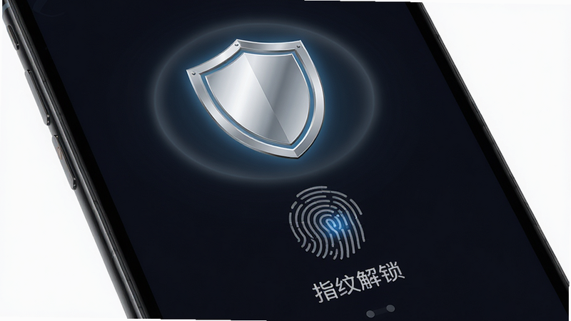MailTalk安全锁屏界面,手机屏幕显示深色背景,中央有一个发光的银色盾牌图标,下方有指纹识别动画效果,文字提示