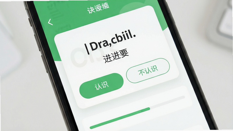 主体为手机屏幕内的单词卡片界面,显示英文单词及中文释义,布局包含“认识”与“不认识”按钮,排版简洁,风格清新绿色调,细节包含进度条,画质清晰,干净,无多余元素