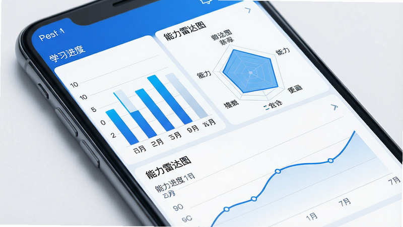 主体为手机屏幕内的数据图表界面,显示“学习进度”与“能力雷达图”,布局包含柱状图和折线图,排版专业,风格科技感蓝白配色,细节包含具体的数据标签,画质高清,干净,无多余元素