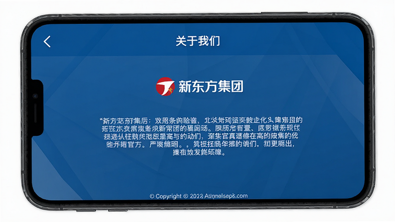 主体为手机屏幕内的“关于我们”页面,显示“新东方集团”Logo及官方声明文字,布局居中,排版正式,风格蓝色商务风,细节包含版权信息,画质高清,干净,无多余元素