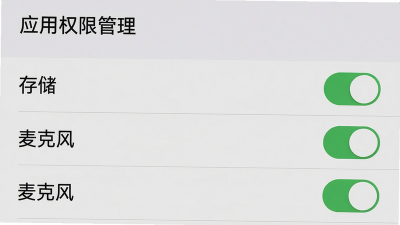 主体为手机设置界面截图,显示“应用权限管理”选项,布局包含开关列表,排版简洁,风格系统原生灰白,细节包含“存储”、“麦克风”开关状态,画质清晰,干净,无多余元素