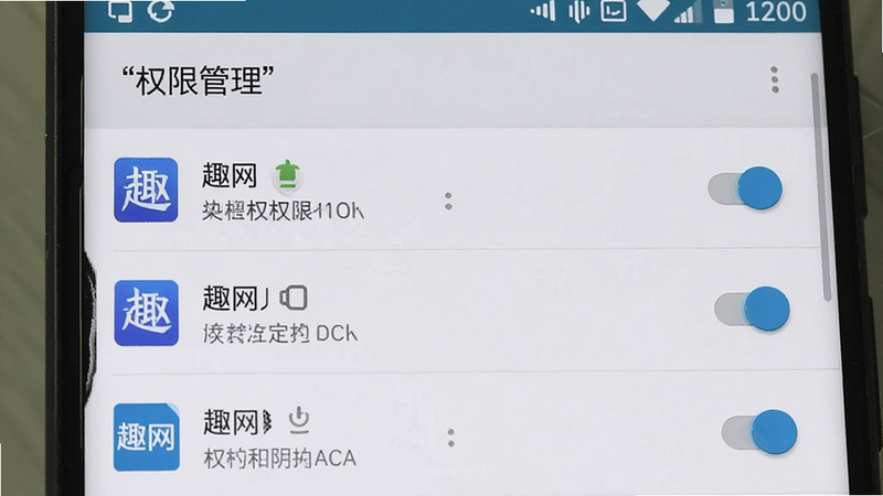 ����Ϊ��׿�ֻ����ý��棬��ʾ��Ȥ����Ӧ��Ȩ�޹���ҳ�棬����Ϊ�б�ʽ��ÿ��Ȩ�����п��أ��Ű�����������Ͻ��淶��ϸ�ڰ���Ȩ�����ƺ�״̬ͼ�꣬�����������ɾ����޶���Ԫ�أ����֡�Ȩ�޹�����������