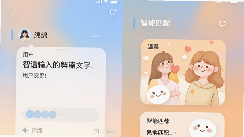 主体为“绵绵”APP的情绪匹配界面展示,布局为左右分栏,左侧显示用户输入的心情文字,右侧显示系统推荐的温馨卡片,排版流畅,风格简约现代,细节处有柔和的渐变色背景,画质清晰,干净,文字“智能匹配”醒目