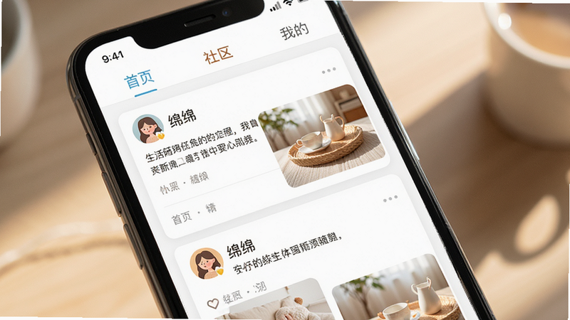 主体为手机屏幕界面,展示“绵绵”APP首页,布局清晰,顶部导航栏显示“首页”、“社区”、“我的”,中间是瀑布流卡片式内容,包含温馨的生活随笔和头像,排版整齐,风格清新治愈,细节处有柔和的光影效果,画质高清,干净无多余元素,文字“绵绵”清晰可见