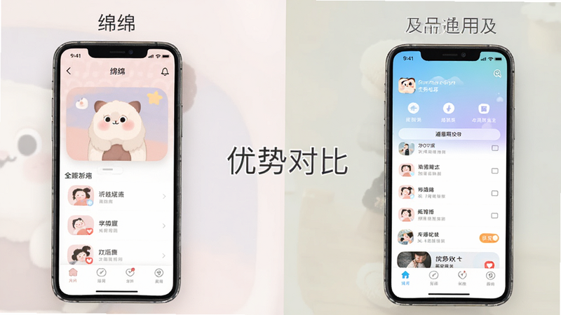主体为对比图表,左侧为“绵绵”APP界面,右侧为通用社交APP界面,布局对比鲜明,风格简约,细节处突出“绵绵”的柔和色调与简洁排版,画质清晰,干净,文字“优势对比”居中