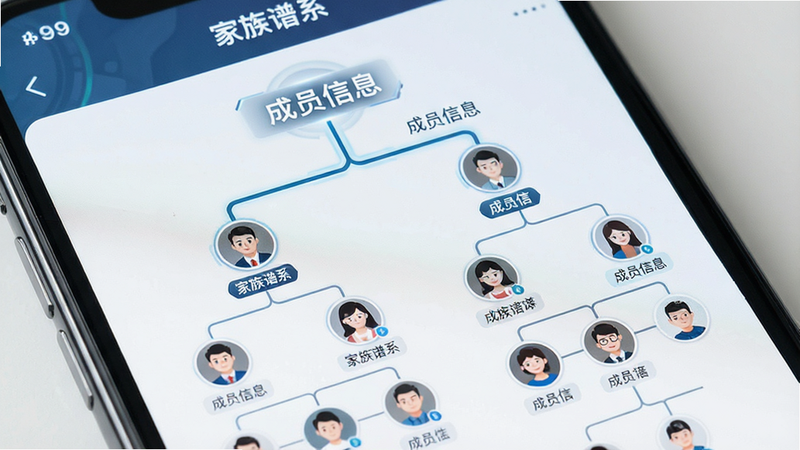 一张展示家族树状结构界面的特写图,主体为手机屏幕中的家族图谱,布局呈树形展开,排版层级分明,风格科技感与人文结合,细节显示成员头像连接线和关系标签,画质清晰,干净,无多余元素,文字内容为“家族谱系”和“成员信息”