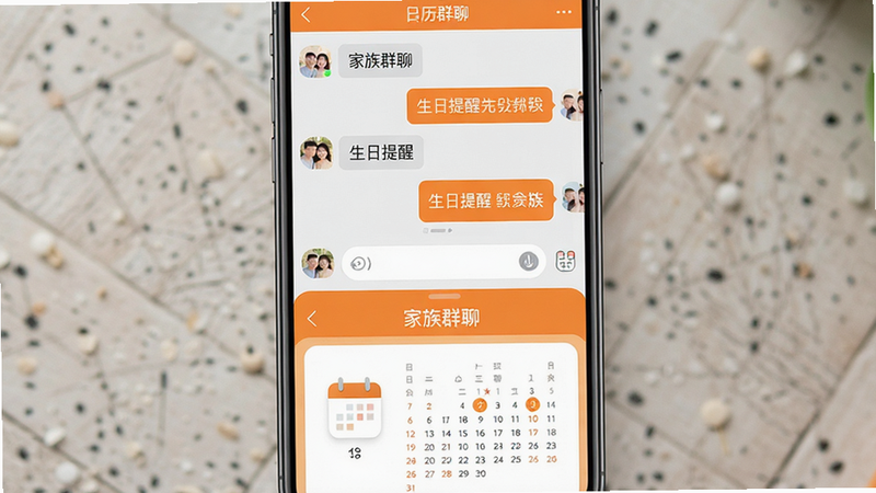 一张展示手机聊天界面和日历提醒功能的合成图,主体为手机屏幕,布局上下分栏,上部为聊天窗口,下部为日历图标,排版紧凑有序,风格温馨橙色,细节显示气泡消息和日历日期高亮,画质清晰,干净,无多余元素,文字内容为“生日提醒”和“家族群聊”