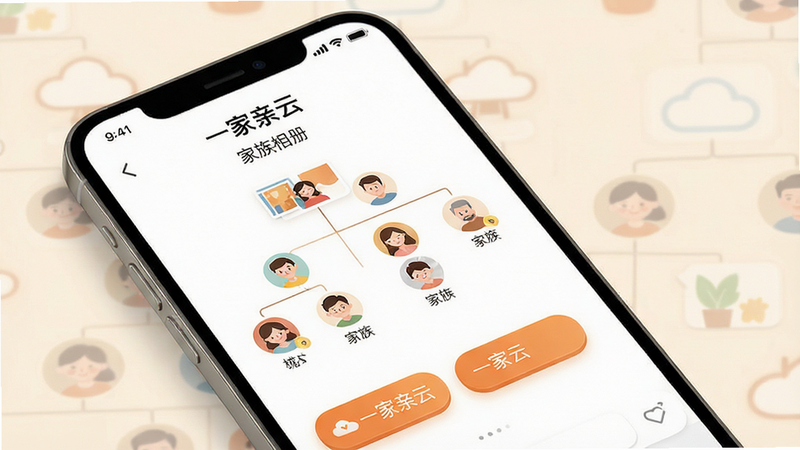 一张展示“一家亲云”APP界面的概念图,主体为智能手机屏幕,布局清晰,显示家族树状结构和聊天窗口,排版简洁现代,风格温馨家庭风,细节包括大字体按钮和清晰的头像图标,画质高清,干净,无多余元素,文字内容为“一家亲云”和“家族相册”