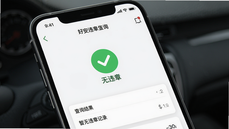 չʾ���ð��������APP�ġ�Υ�²�ѯ������ҳ�棬��Ļ������ʾһ����ɫ�ġ���Υ�¡�״̬ͼ�꣬�·��г����һ�β�ѯ��¼������ɾ�����������������Ϊ��ɫ��������΢����ӰЧ�������壬��ˮӡ����������Ϊ����ѯ�������������Υ�¼�¼��