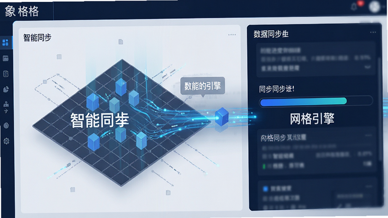 主体为象格软件功能界面特写,布局展示智能网格引擎与数据同步模块的交互过程,排版采用左右分栏结构,左侧显示网格动态调整示意图,右侧展示同步进度条,风格为扁平化科技风,细节突出数据流动的蓝色光效,画质高清,文字标注“智能同步”与“网格引擎”