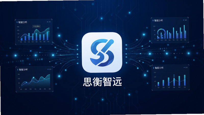 思衡智远APP主界面全景展示,背景为深蓝色科技风,中央显示APP图标及名称“思衡智远”,周围环绕着数据流线条和智能分析图表,布局对称,排版整洁,风格现代简约,细节包含发光的数据节点,画质高清,干净,无多余元素
