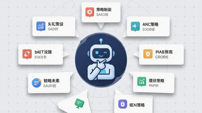 思衡智远策略推荐界面,中央显示一个智能机器人图标正在思考,周围弹出多个策略卡片,卡片上有不同的图标和简短文字,背景为浅灰色网格,布局放射状,排版有序,风格扁平化,细节包含策略卡片的悬浮阴影效果,画质细腻,干净,无多余元素
