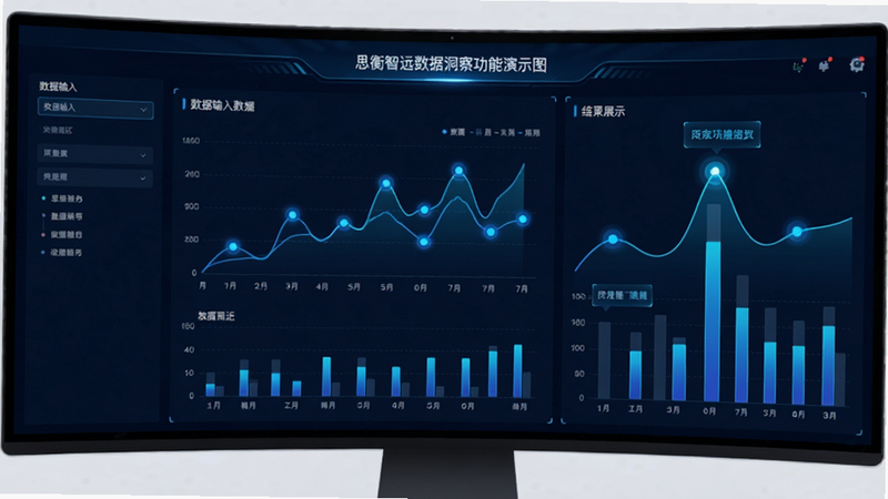 思衡智远数据洞察功能演示图,屏幕显示动态折线图与柱状图,数据节点闪烁蓝光,界面左侧为数据输入区,右侧为结果展示区,布局清晰,排版紧凑,风格科技感强,细节包含高亮的数据峰值标记,画质清晰,干净,无多余元素