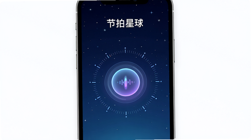 主体为手机屏幕显示“节拍星球”APP界面,布局简洁现代,背景为深蓝色星空渐变,中央有一个发光的圆形脉冲按钮,周围环绕着细小的节拍刻度线,排版居中对称,风格科技感与音乐感结合,细节清晰,画质高清,干净无多余元素