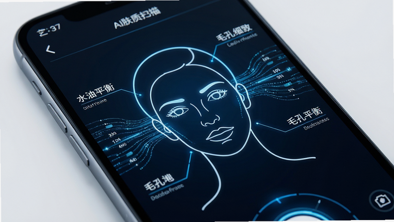 主体为手机屏幕特写,显示AI肤质扫描界面,中心是一张女性面部轮廓图,周围环绕数据流线条,标注