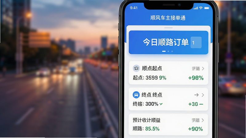 主体为智能手机屏幕特写,背景为模糊的城市道路黄昏景象,手机屏幕中央显示“顺风车主接单通”APP界面,界面顶部有醒目的“今日顺路订单”横幅,下方列出三条具体订单卡片,包含起点、终点、预计收益及顺路度百分比,整体风格现代简约,蓝色为主色调,细节处有柔和的光影效果,高清写实风格,干净无多余元素