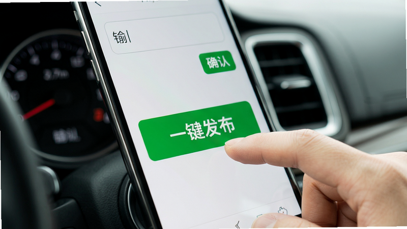 主体为一只手正在点击手机屏幕上的绿色大按钮,按钮上写着“一键发布”,背景为虚化的车内仪表板,屏幕上方显示简单的输入框和确认键,风格写实,焦点清晰,色彩自然,细节丰富,高清摄影风格,无多余干扰元素