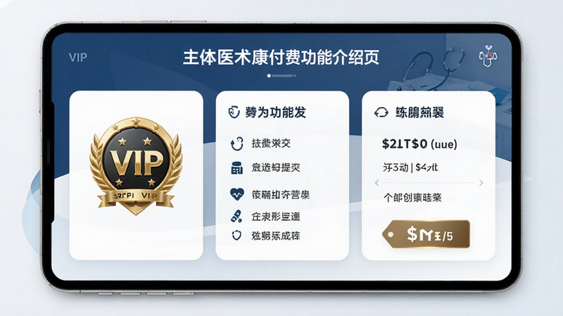 主体为医术康付费功能介绍页,布局为卡片式,排版清晰,风格为商务医疗风,细节展示VIP标识、功能列表、价格标签,画质高清,干净,无多余元素