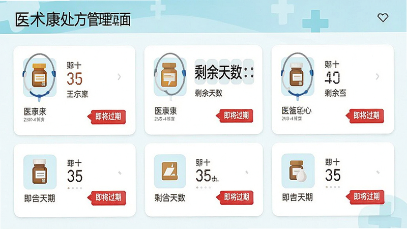 主体为医术康处方管理页面,布局为卡片式列表,排版整齐,风格为清新医疗风,细节展示药品图标、剩余天数倒计时、红色“即将过期”标签,画质清晰,干净,无多余元素