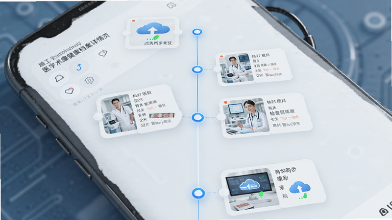 主体为医术康健康档案详情页,布局为时间轴形式,排版纵向延伸,风格为科技医疗感,细节展示日期节点、检查项目缩略图、云端同步状态图标,画质精致,干净,无多余元素