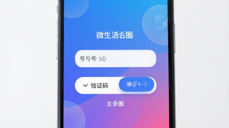 微生活圈APP登录界面,展示简洁的登录表单,包含手机号输入框和验证码按钮,背景为品牌色渐变,风格现代,细节精致,无多余装饰,高质量渲染,干净背景