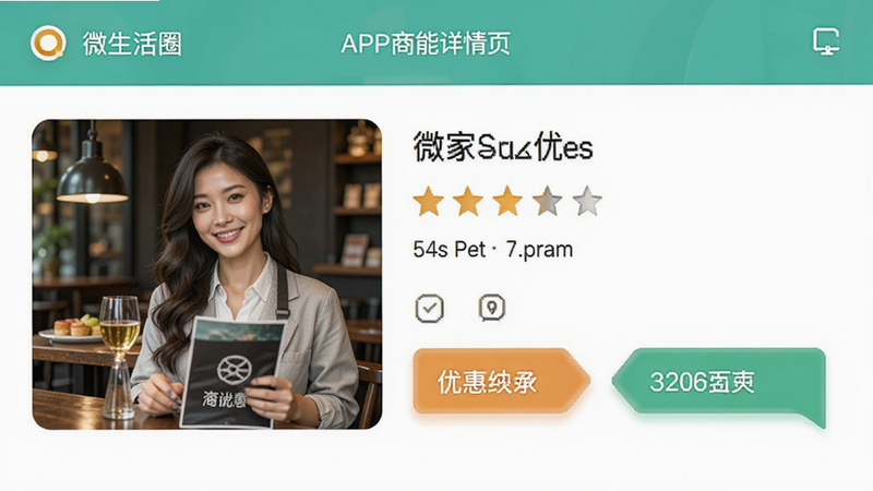 微生活圈APP商家详情页界面,展示商家图片、评分、距离信息,优惠标签醒目,布局合理,色彩搭配和谐,风格商业感强,细节清晰,无杂乱元素,高质量图像