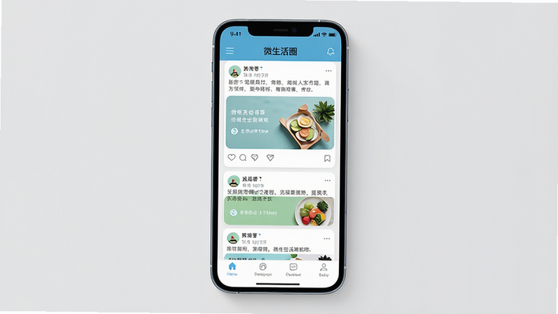 一张展示微生活圈APP界面的高清预览图,主体为智能手机屏幕,显示APP首页界面,布局清晰,顶部导航栏,中间为信息流卡片,底部菜单栏,风格现代简约,色彩清新,细节精致,无多余元素,高质量渲染,干净背景