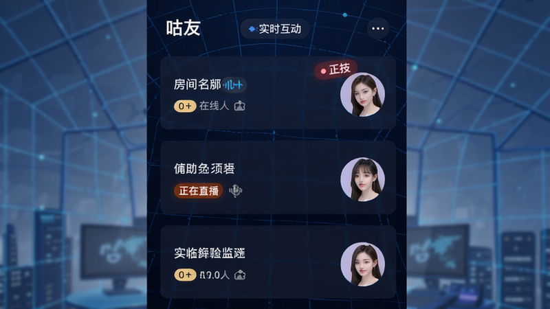 主体为咕友APP内的语音房间列表界面,布局为垂直滚动列表,每个房间卡片包含房间名称、在线人数和主播头像,背景为深蓝色科技感网格,风格简洁高效,细节处高亮显示“正在直播”标签,画质高清,干净无杂项,体现“实时互动”特征