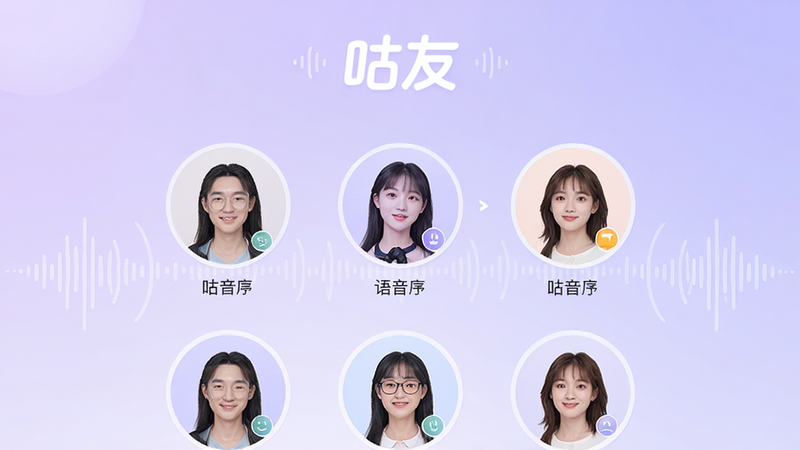 主体为咕友APP的主界面高清预览图,布局采用中心对称式设计,顶部显示品牌Logo“咕友”,中间区域展示多个圆形语音房间入口,背景为柔和的淡紫色渐变,风格清新现代,细节处体现声波波纹装饰,画质超清,干净无多余元素,无文字干扰,突出“语音社交”核心氛围