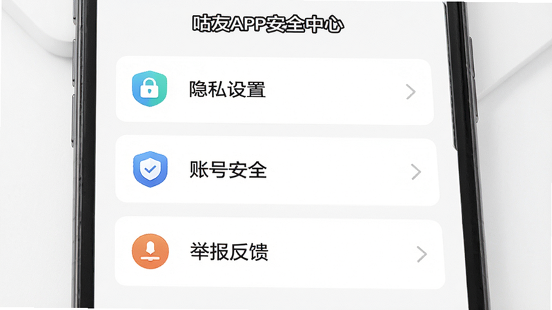 主体为咕友APP的安全中心设置页面,布局为垂直列表,包含“隐私设置”、“账号安全”、“举报反馈”等选项,背景为白色极简风格,图标清晰直观,细节处展示盾牌图标象征安全,画质精致,干净无多余装饰,强调“隐私保护”主题