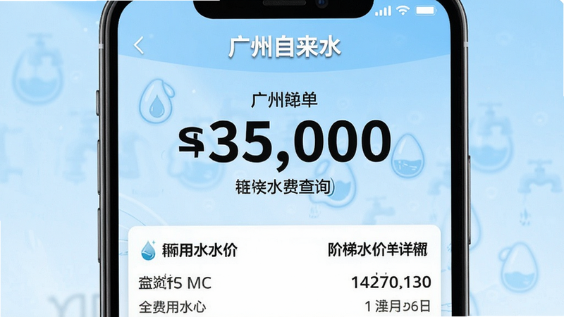 展示“广州自来水”APP的水费查询界面,屏幕中央显示大号数字账单金额,下方列出本月用水量和阶梯水价详情,背景为淡蓝色渐变,文字清晰加粗,风格简洁商务,画质高清,干净,无水印