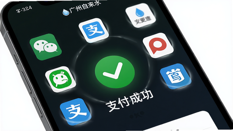 描绘手机屏幕上“广州自来水”APP的支付成功页面,显示绿色对勾图标和“支付成功”字样,周围环绕微信、支付宝等支付图标,布局居中,排版紧凑,风格现代简约,细节处有光晕效果,画质高清,干净,无杂乱元素