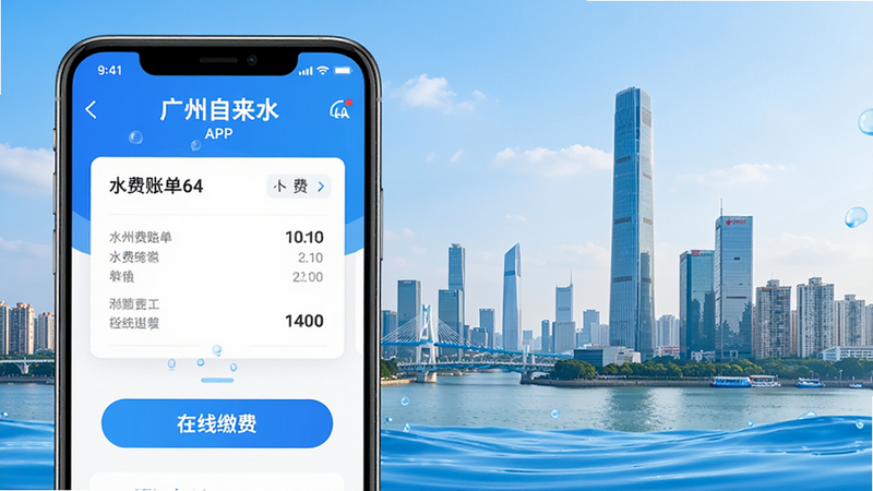 画面主体为广州城市天际线背景,前景突出显示“广州自来水”APP高清界面,界面包含水费账单卡片和在线缴费按钮,布局清晰有序,排版简洁现代,风格为扁平化科技风,细节处体现蓝色水波元素,画质4k,干净,无多余元素