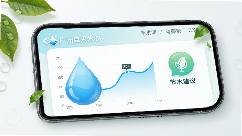 展示“广州自来水”APP的用水提醒界面,屏幕上有水滴形状的图表,显示用水趋势曲线,旁边有“节水建议”图标,布局平衡,排版美观,风格清新自然,细节处有绿色叶子装饰,画质高清,干净,无多余符号