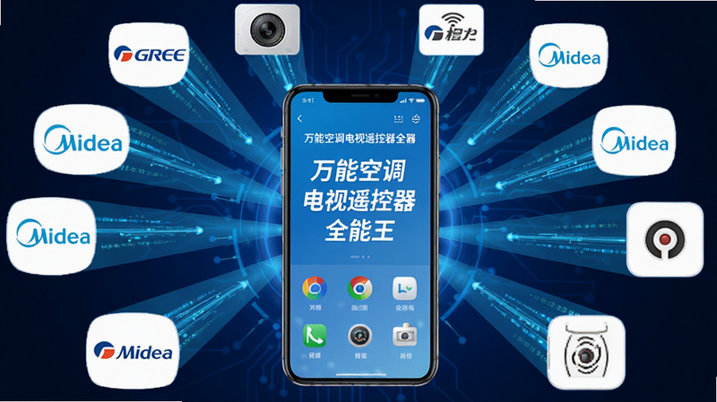 生成一张科技感十足的数据连接示意图,主体为手机屏幕显示'万能空调电视遥控器全能王'界面,周围环绕着多个家电品牌Logo如格力、美的等,通过光束线条连接至手机,布局呈放射状,排版紧凑,风格为蓝色科技风,细节表现数据流动感,画质高清,干净,文字包含'万能空调电视遥控器全能王'