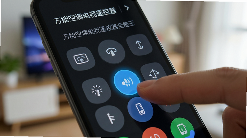 生成一张手机屏幕特写图,显示'万能空调电视遥控器全能王'的自定义编辑界面,手指正在拖动虚拟按键改变位置,布局灵活,背景虚化,排版突出交互感,风格写实,细节清晰,画质8k,干净,文字包含'万能空调电视遥控器全能王'
