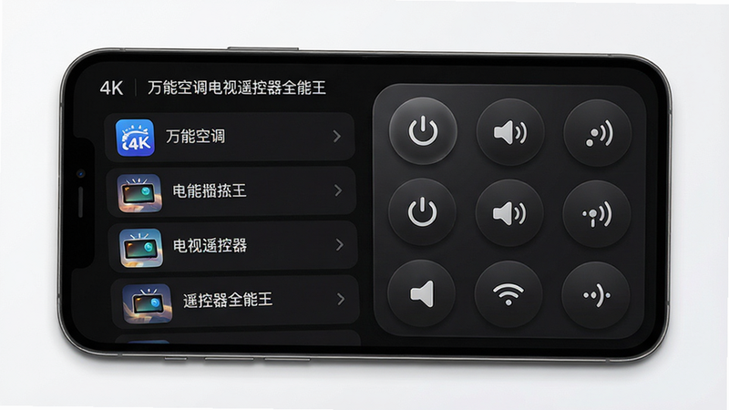 生成一张高清手机应用界面展示图,主体为深色模式的'万能空调电视遥控器全能王'APP运行界面,布局清晰,左侧显示品牌Logo列表,右侧为虚拟按键区,包含电源、音量、信号等常用图标,排版整齐,风格现代简约,细节处体现光影质感,画质4k,干净无多余元素,文字内容包含'万能空调电视遥控器全能王'