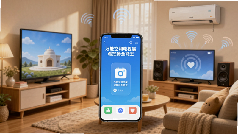 生成一张温馨的客厅场景图,中心是一部手机显示'万能空调电视遥控器全能王'APP,周围有电视、空调、音箱等家电正在运行,光线柔和,布局和谐,排版自然,风格温馨居家,细节丰富,画质高,干净,文字包含'万能空调电视遥控器全能王'