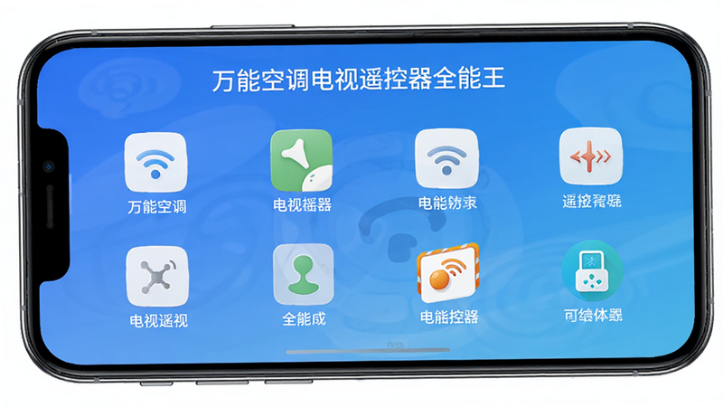生成一张手机界面预览图,主体为'万能空调电视遥控器全能王'的主菜单,界面干净无杂乱广告,图标排列整齐,布局舒适,排版现代,风格简洁明快,细节精致,画质高清,干净,文字包含'万能空调电视遥控器全能王'