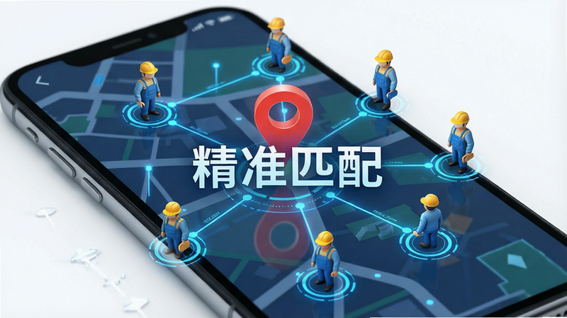 一张概念图,展示手机屏幕上的地图界面,中心有一个定位图标,周围环绕着多个代表工人的小人图标,连线表示匹配过程,风格科技感,细节丰富,文字“精准匹配”居中显示,画质高清,背景纯净